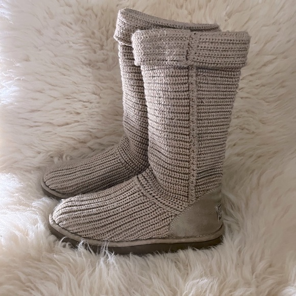 UGG Tan Tall Knit Cardy Pull-On Comfy Sweater Boots - Picture 3 of 8